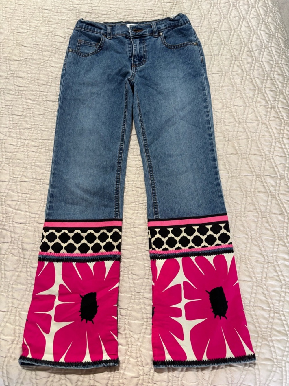 buttons Blue Denim Flare Jeans with Hot Pink Floral Panels